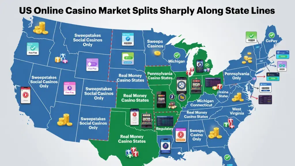 US Online Casino Market Splits Sharply Along State Lines